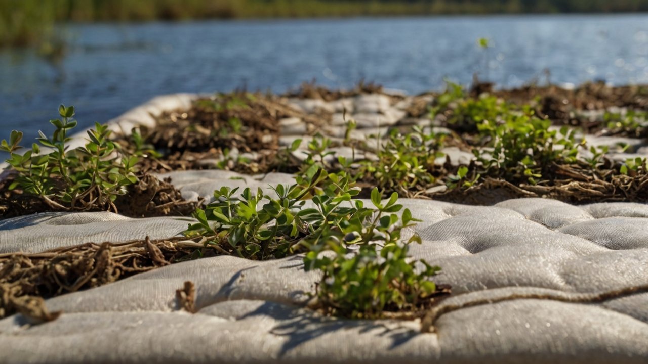 riverbank erosion control concrete - vegetated concrete mattress showing naturalised open cell colonisation