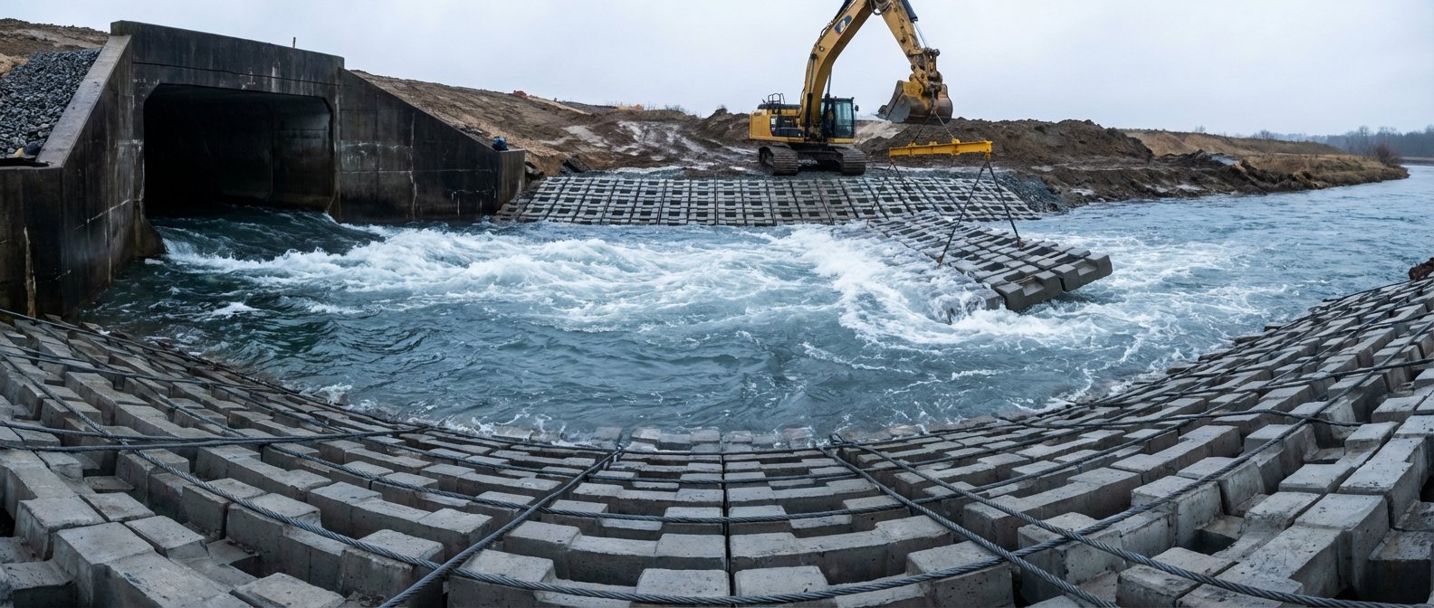 culvert outfall scour protection articulated concrete mattress anchor trench toe detail